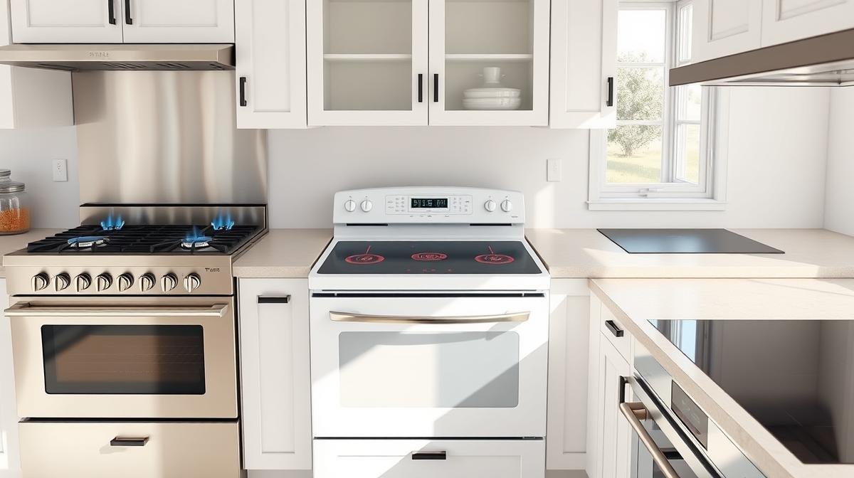 Gas range, electric range, and induction cooktop shown side by side in a modern kitchen