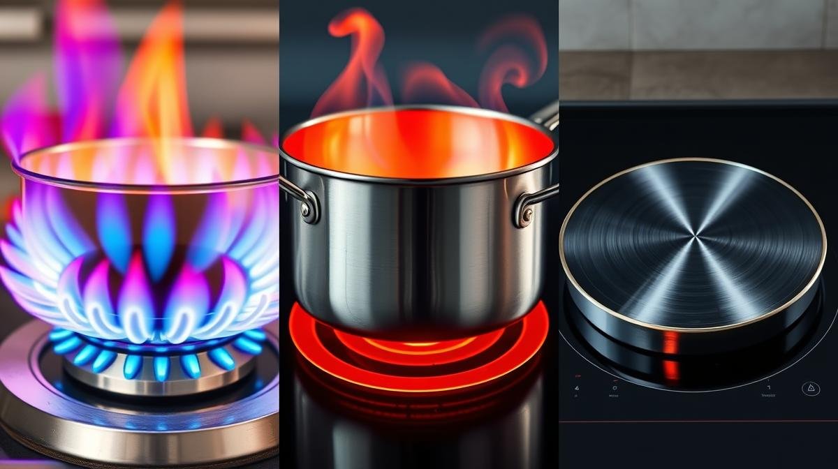 Close-up comparison of gas flame, electric coil burner, and induction cooktop surface heating a pan