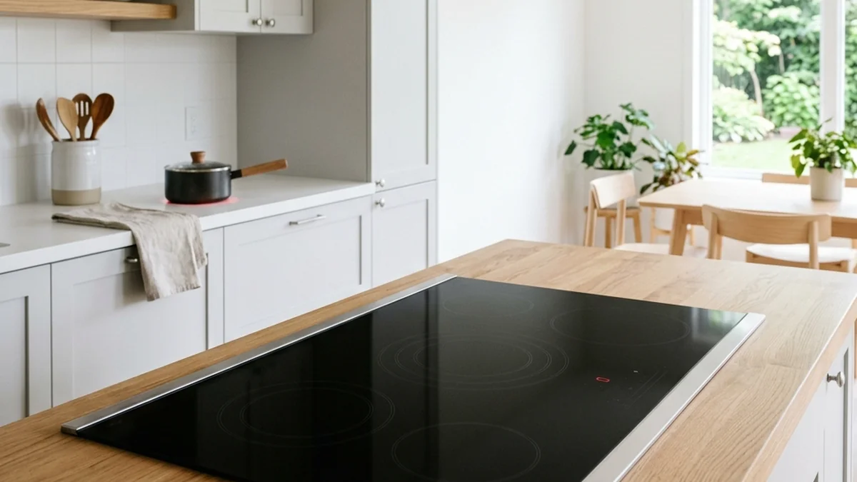 GE Profile 30-inch electric cooktop with stainless steel bevel frame in a modern kitchen design