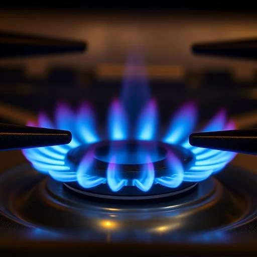 Close-up of lit gas burner flames on an LG range with cast iron grates