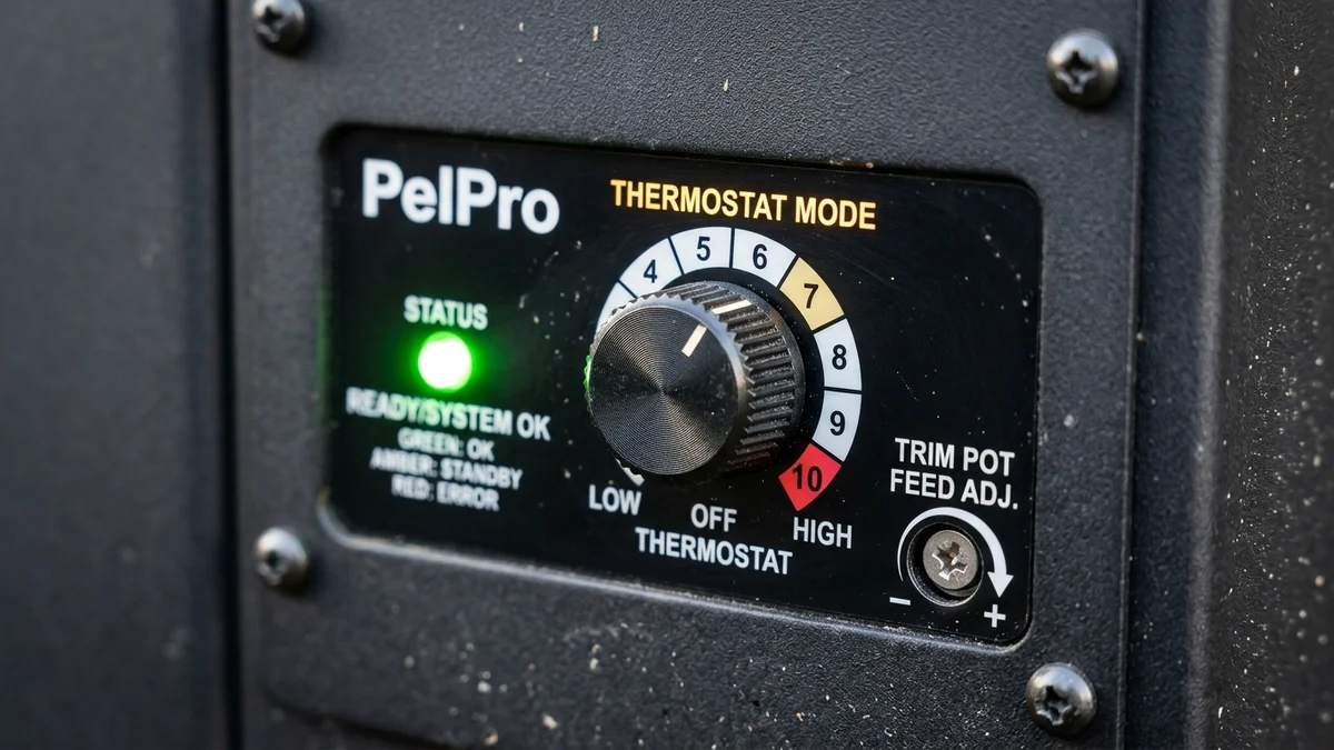 Close-up of PelPro electronic control panel showing single rotary dial thermostat mode status LED and feed trim adjustment