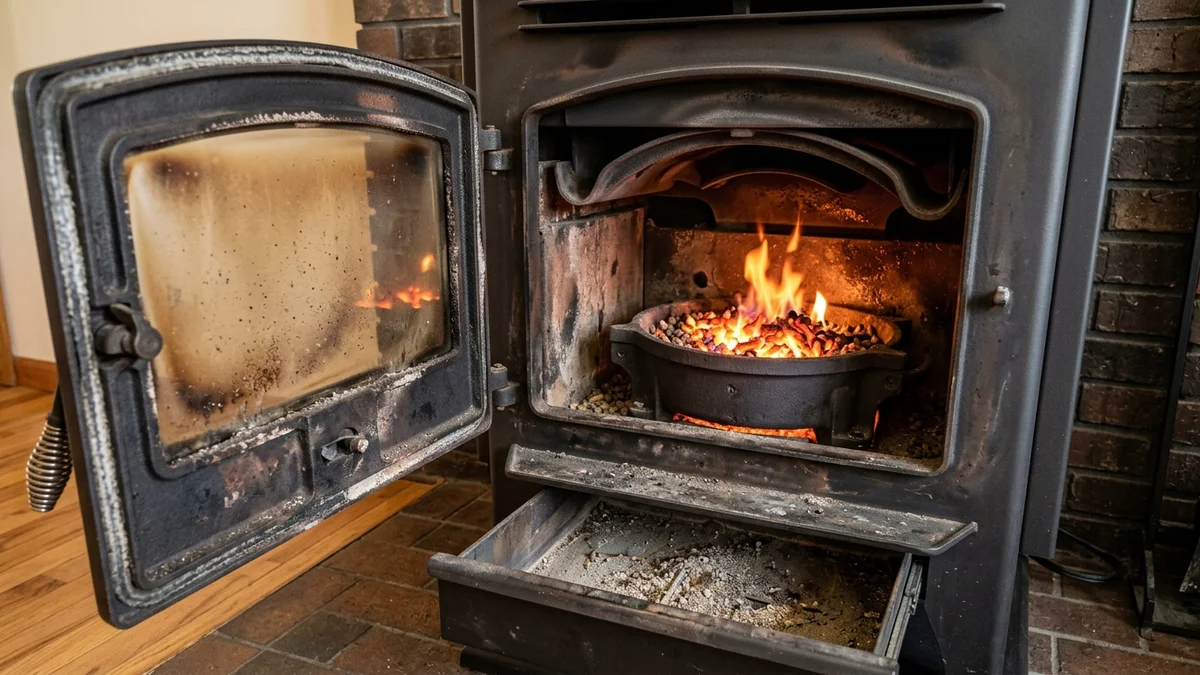 Interior view of PelPro firebox with open door showing heavy cast iron burn pot glowing embers and sliding ash drawer below