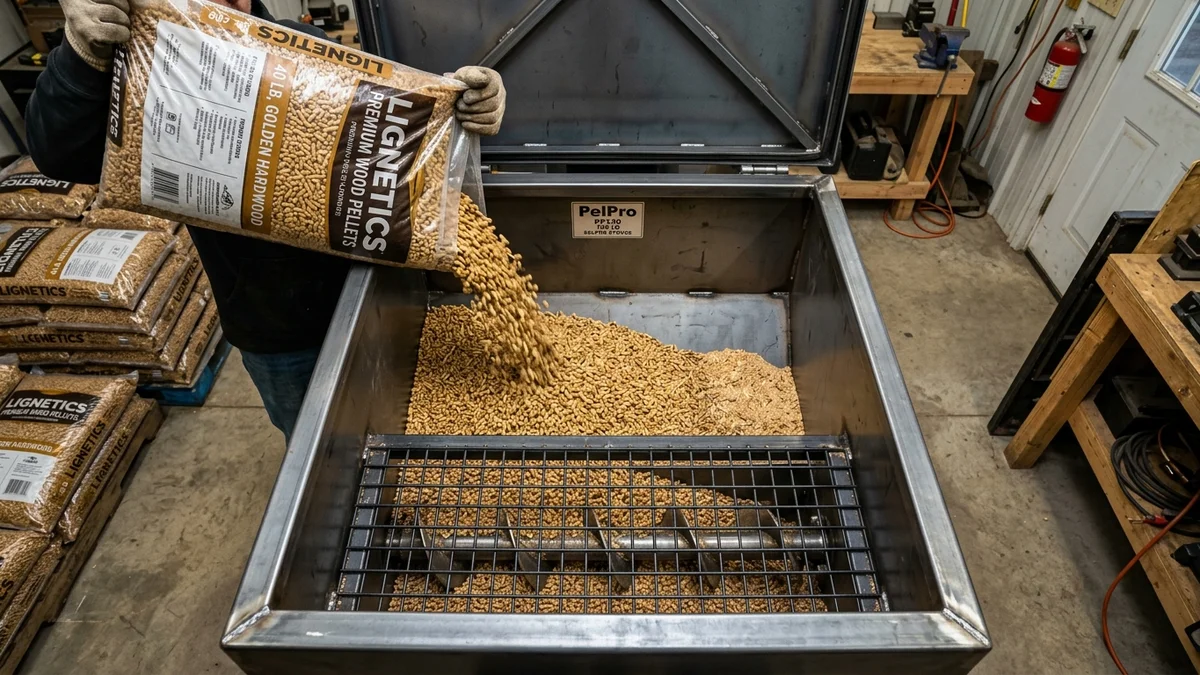 Top down view of open 130 lb fuel hopper on a PelPro PP130 being filled with a 40 lb bag of wood pellets