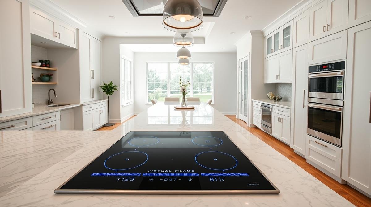 Samsung NE63BB8752US Bespoke induction range in a modern white kitchen with LED Virtual Flame glow