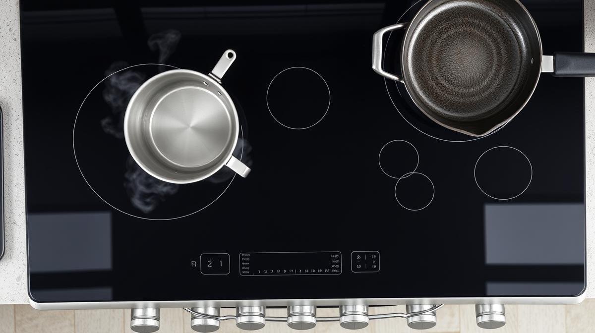 Samsung induction range cooktop surface with five induction zones, pot and cast iron skillet on elements