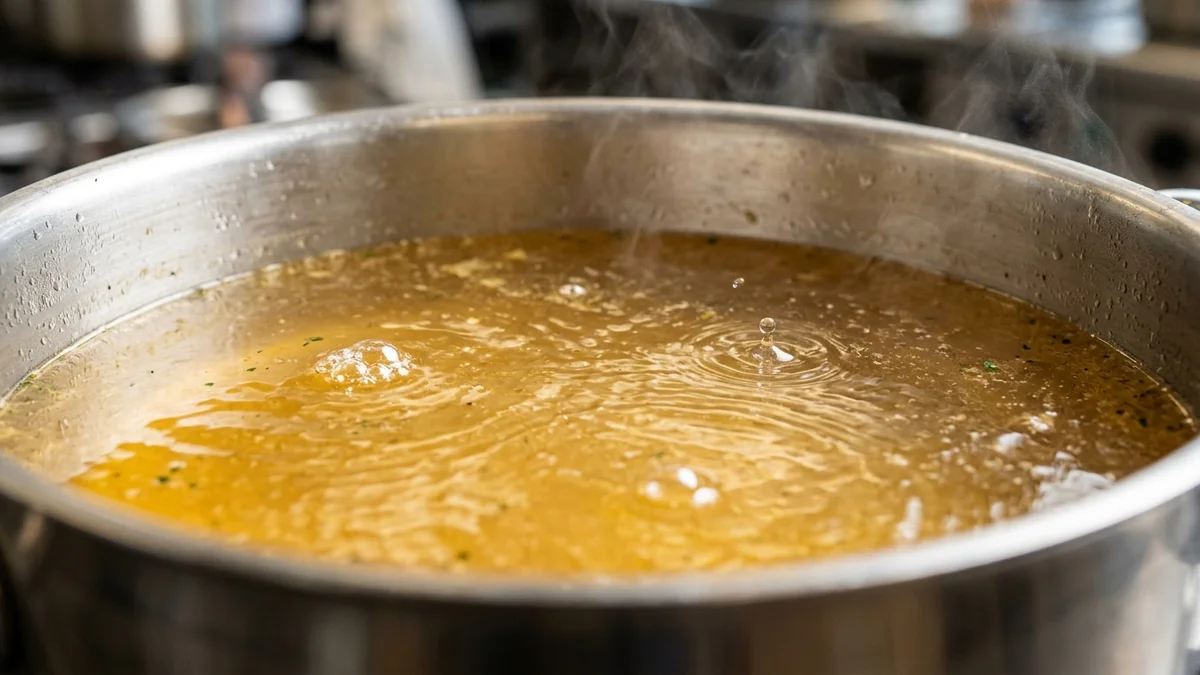 Top down macro culinary view into a stainless steel pot of simmering golden broth with gentle small bubbles breaking surface