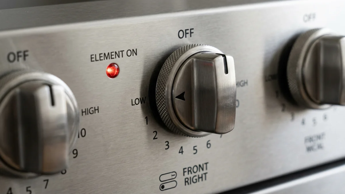 Electric stove control panel showing temperature dial numbers 1 to 10 with pointer positioned between 2 and 3