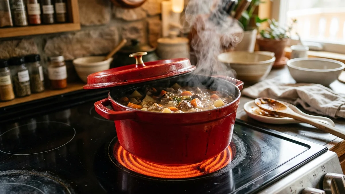 Enameled cast iron cherry red Dutch oven gently simmering on an electric radiant glass cooktop burner with glowing heating coil
