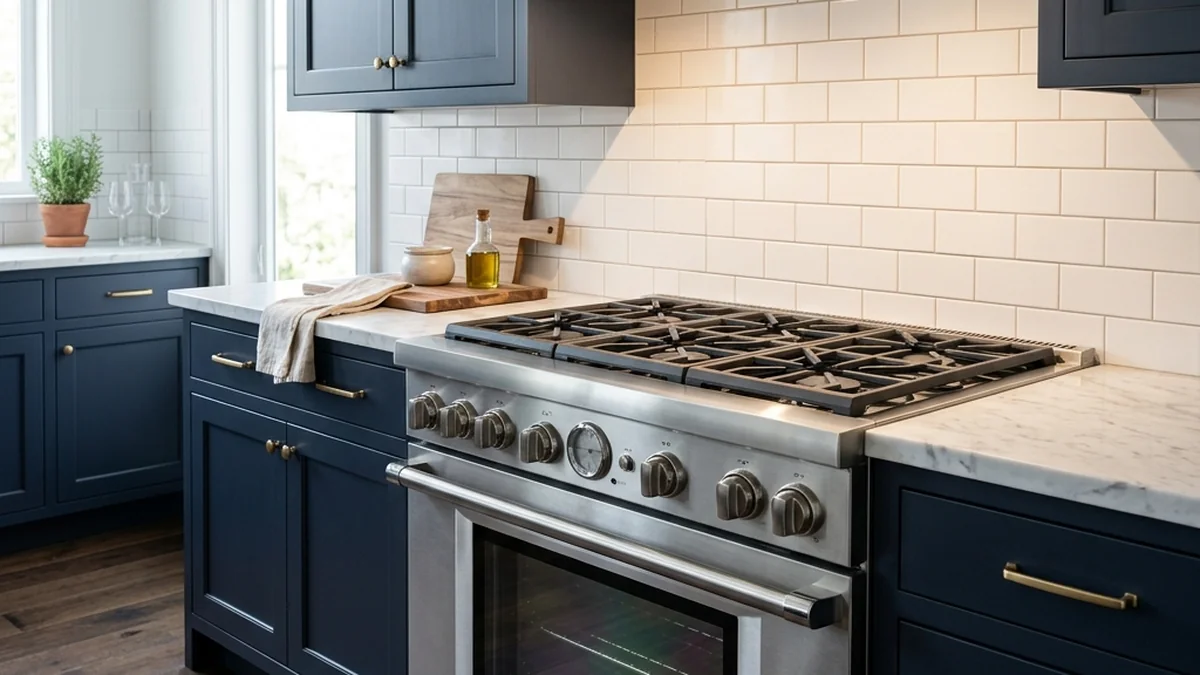Thermador 36-inch Pro Harmony gas range installed flush with dark navy kitchen cabinetry
