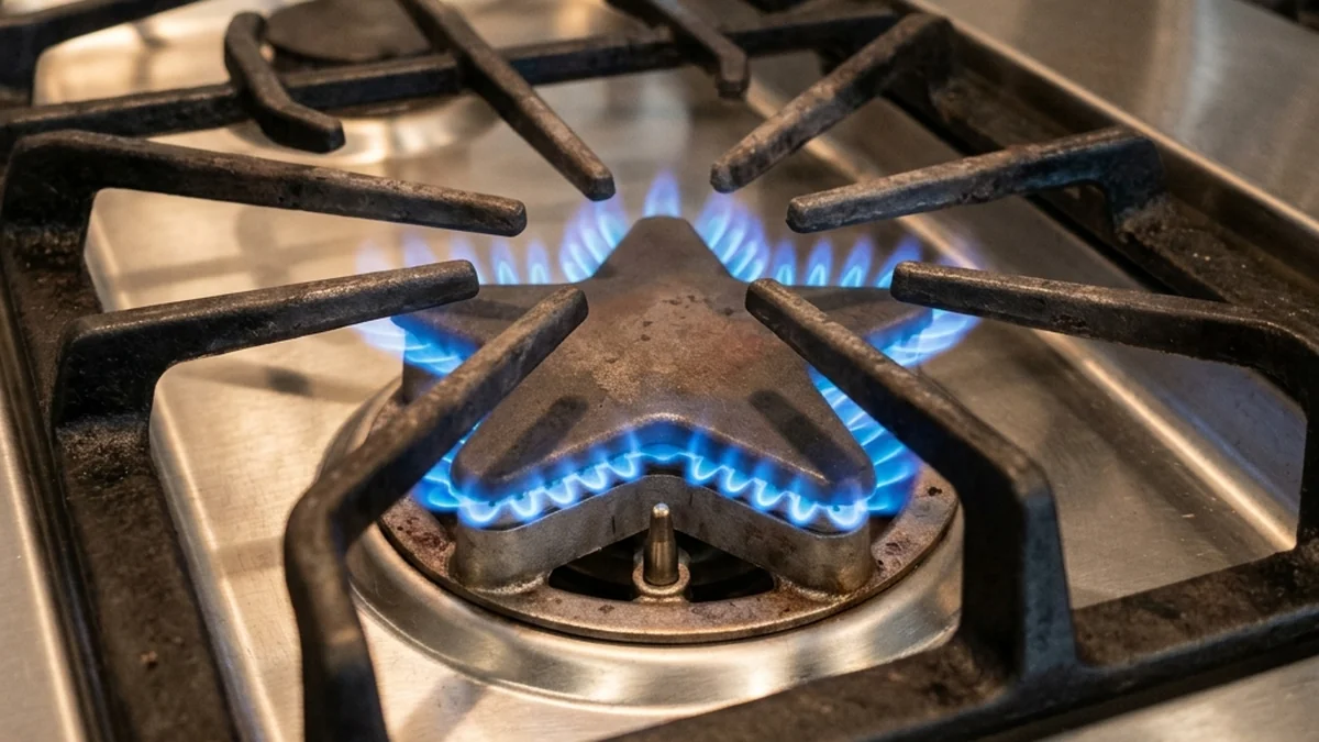 close-up of Thermador patented star-shaped gas burner with clean blue flame ring under cast iron grate