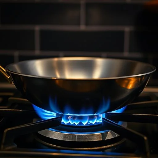 Close-up of Viking open-burner flame at high heat under a stainless steel pan