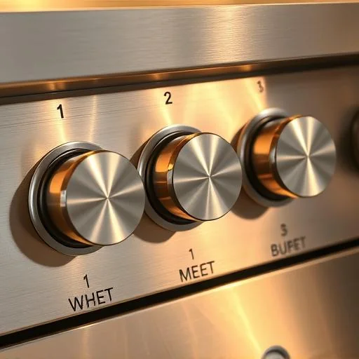 Viking range control knobs in brushed stainless with BTU markings