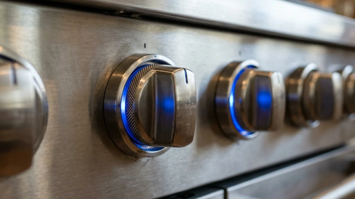 close-up of digital electronic oven controls and stainless steel knobs on a Whirlpool range console