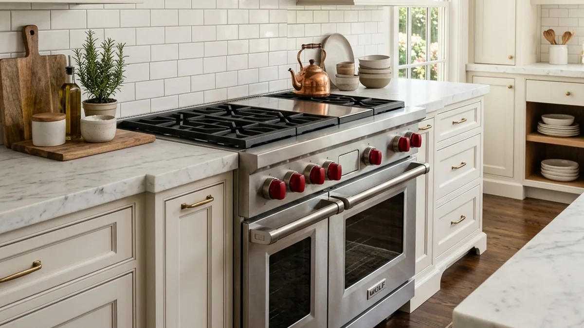 Wolf 36-inch Dual Fuel range with red knobs in a luxury modern kitchen with white marble countertops