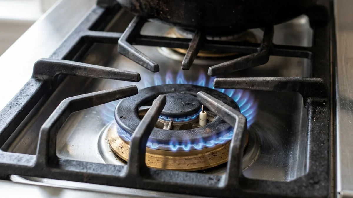 close-up of Wolf dual stacked gas burner showing lower simmer flame tier and upper high heat tier under cast iron grate
