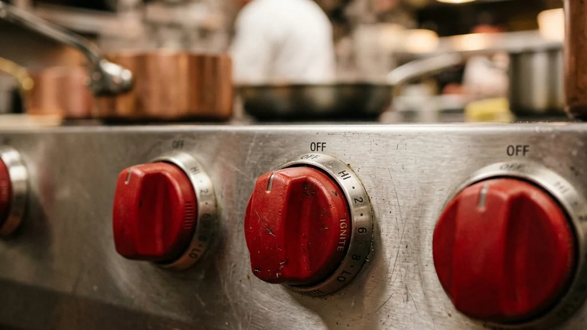 close-up of signature Wolf red control knob on stainless steel control panel